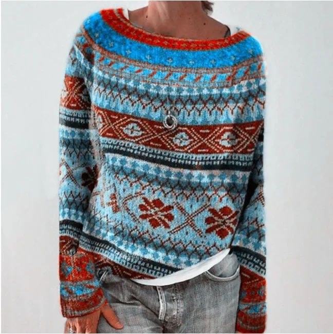Winter new Korean retro ethnic style wool sweater loose round neck top for women