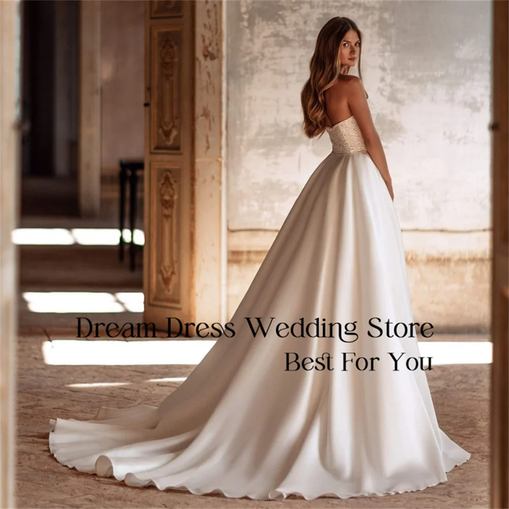 DREAM Modern A-Line Wedding Dress Pleat Satin V-Neck Lace Split Open Back Sleeveless Bridal Gown Vestidos De Noiva Customized