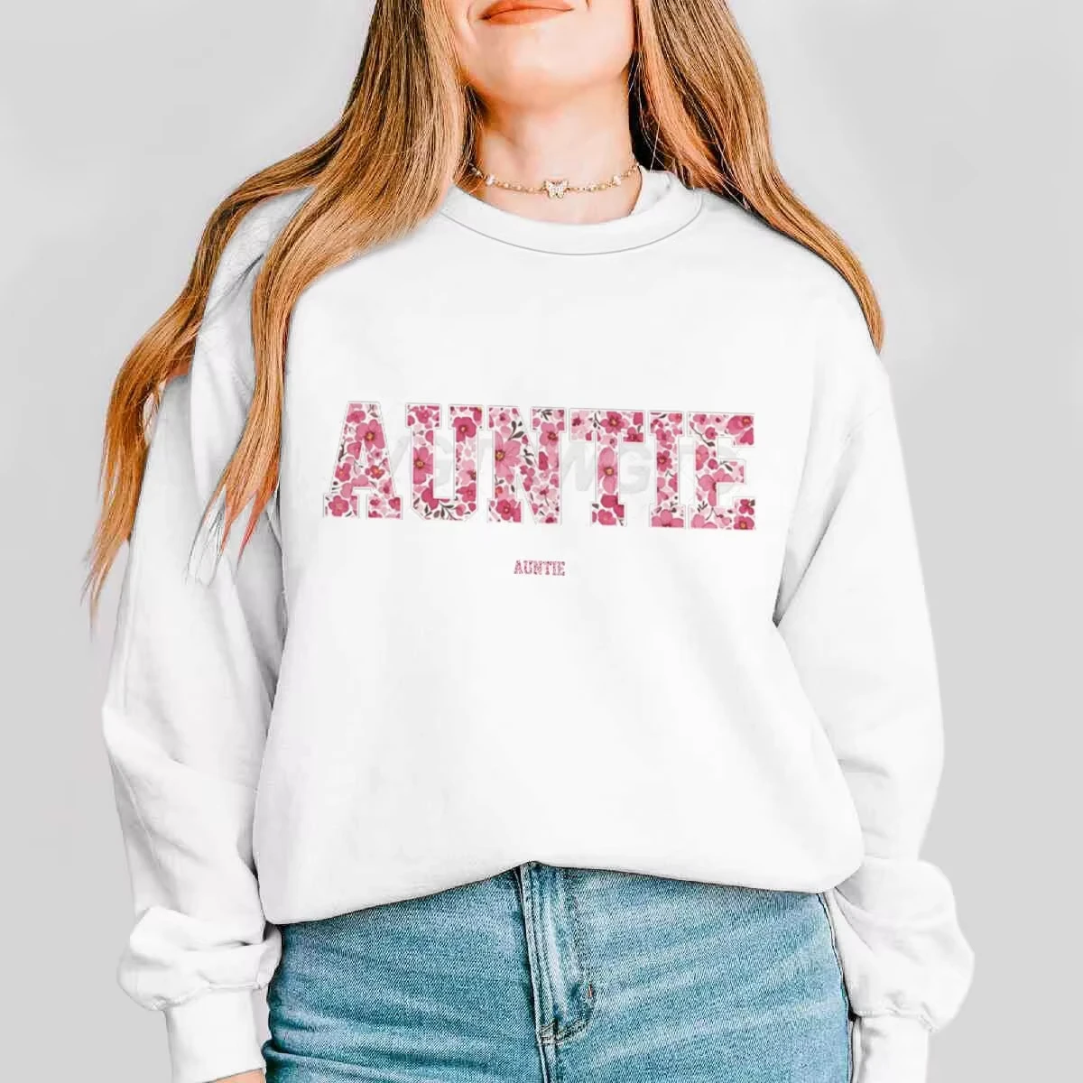 Pink Floral Auntie Print Sweatshirt Casual Auntie Flower Design Long-sleeved Shirt Auntie Boho Wildflower Women's Sweater