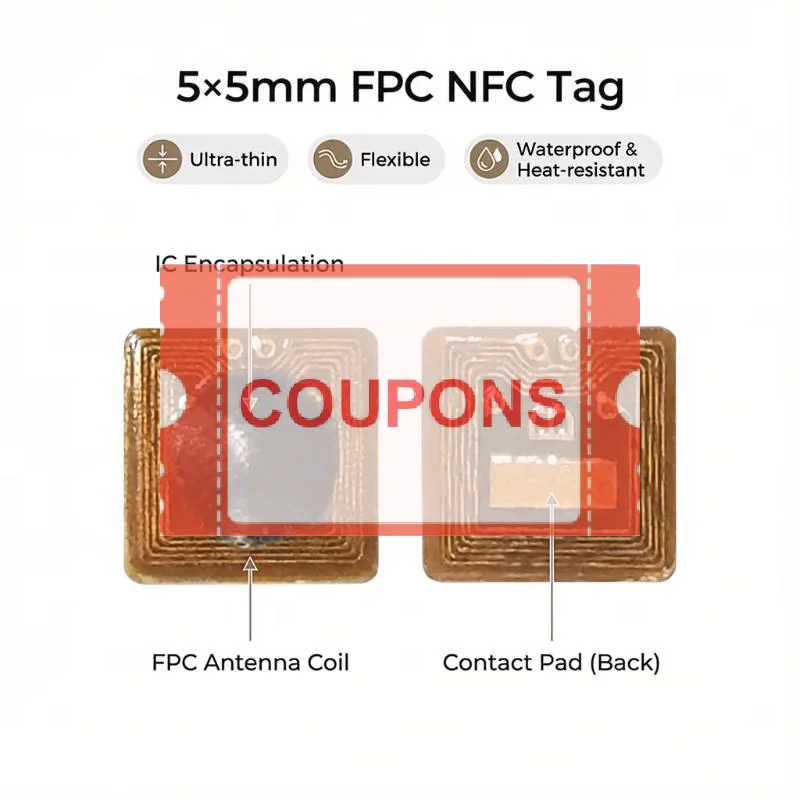 High Sensitivity NFC RFID Tag Sticker 5x5mm Micro FPC Programmable 1mm Range for Smart Gadgets and Personal Security 1/5/10PCS