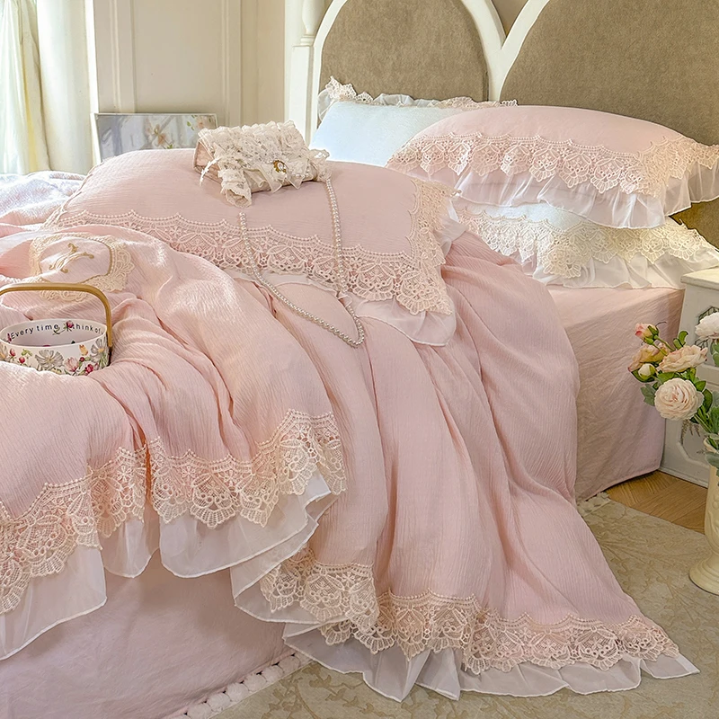 

Double Layer Crepe Yarn Vintage Lace Ruffles Princess Wedding Bedding Set Duvet Cover Bed Sheet/Fitted Sheet Pillowcases 4Pcs