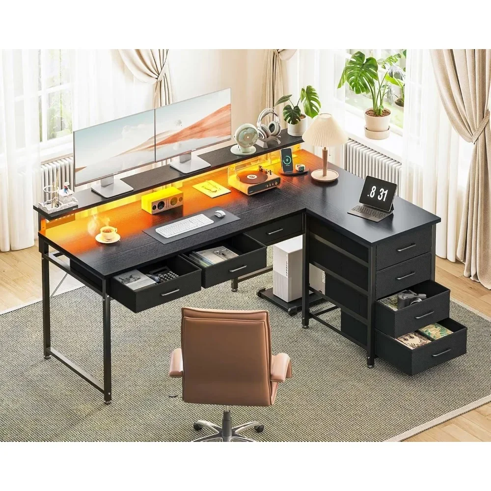 L Shaped Desk with 7 File Drawers, Gaming Desk with LED Light & Power Outlet, with Monitor