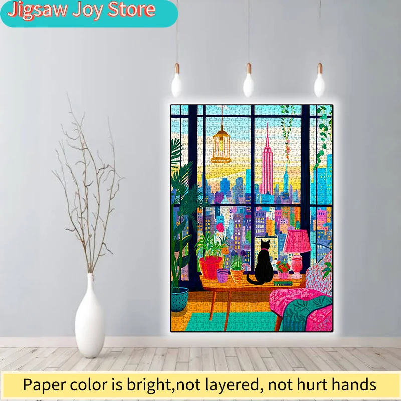 DIYペーパーパズル、ニューヨーク市の夜景、猫、鉢植え、高品質の白いカード素材、親子向け