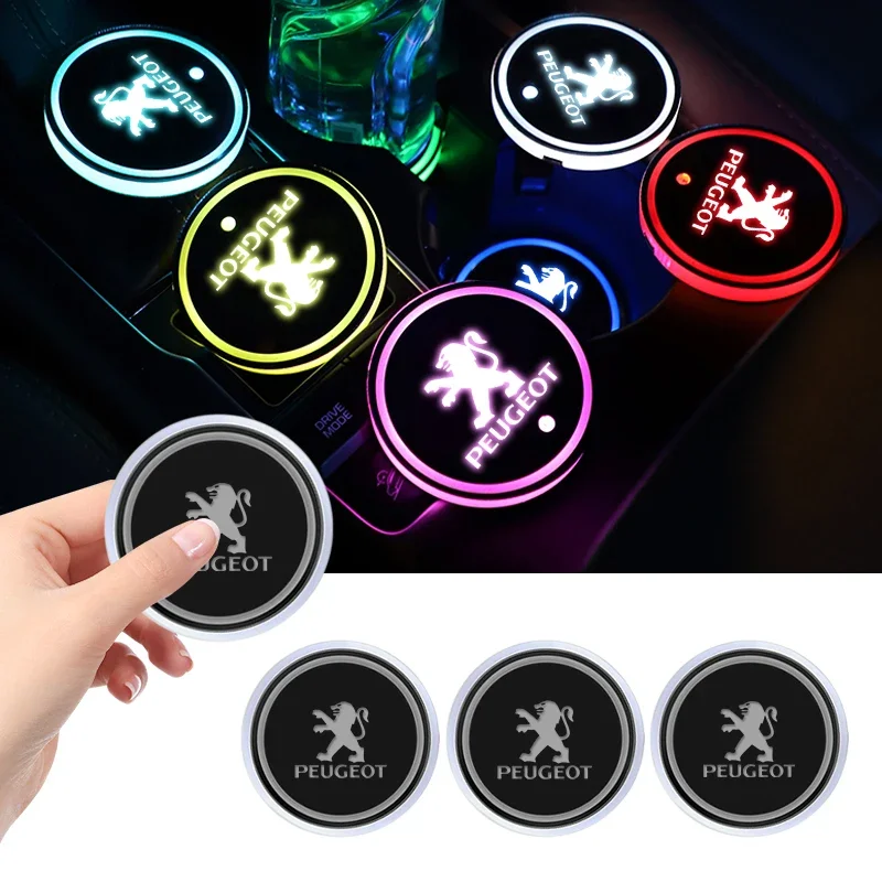 Auto Logo LED Tasse Lichter Leucht Coaster Getränke Halter Licht Für Peugeot 5008 MK1 MK2 2009-2019