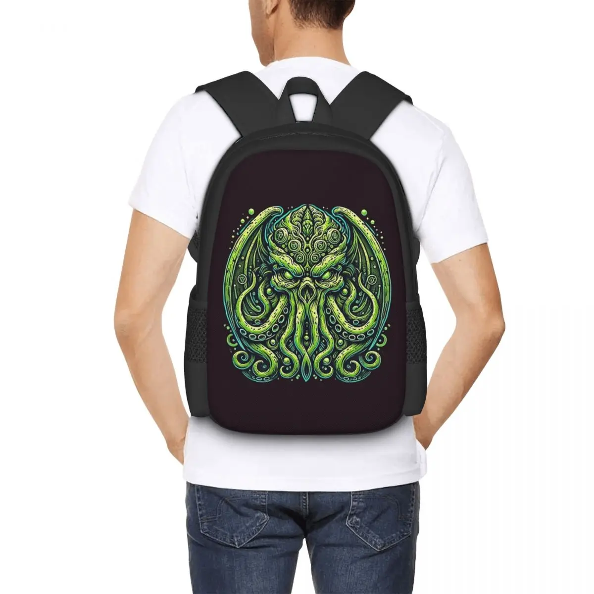 

Green Cthulhu Octopus With Tentacles And Teeth Student Backpack School Bag Hiking Travel Daypack for Bookbag Shoulder Bags