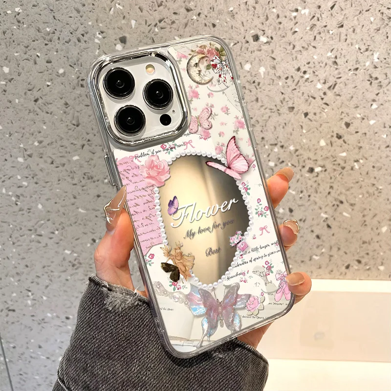 Blue Silver Plated Mirror English Transparent Frame Case For iPhone 17 iPhone 13 15 11 16 12 13 14 Pro Max Drop Protection Cover