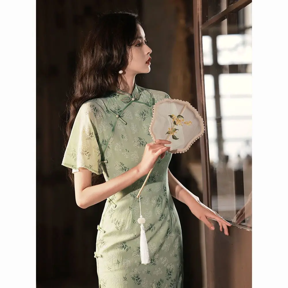 Pmwrun Summer Green Chiffon Sex Cheongsam Double-Breasted Side Buttons Qipao Girls Little Fresh Daily Side Slit Chinese Dress