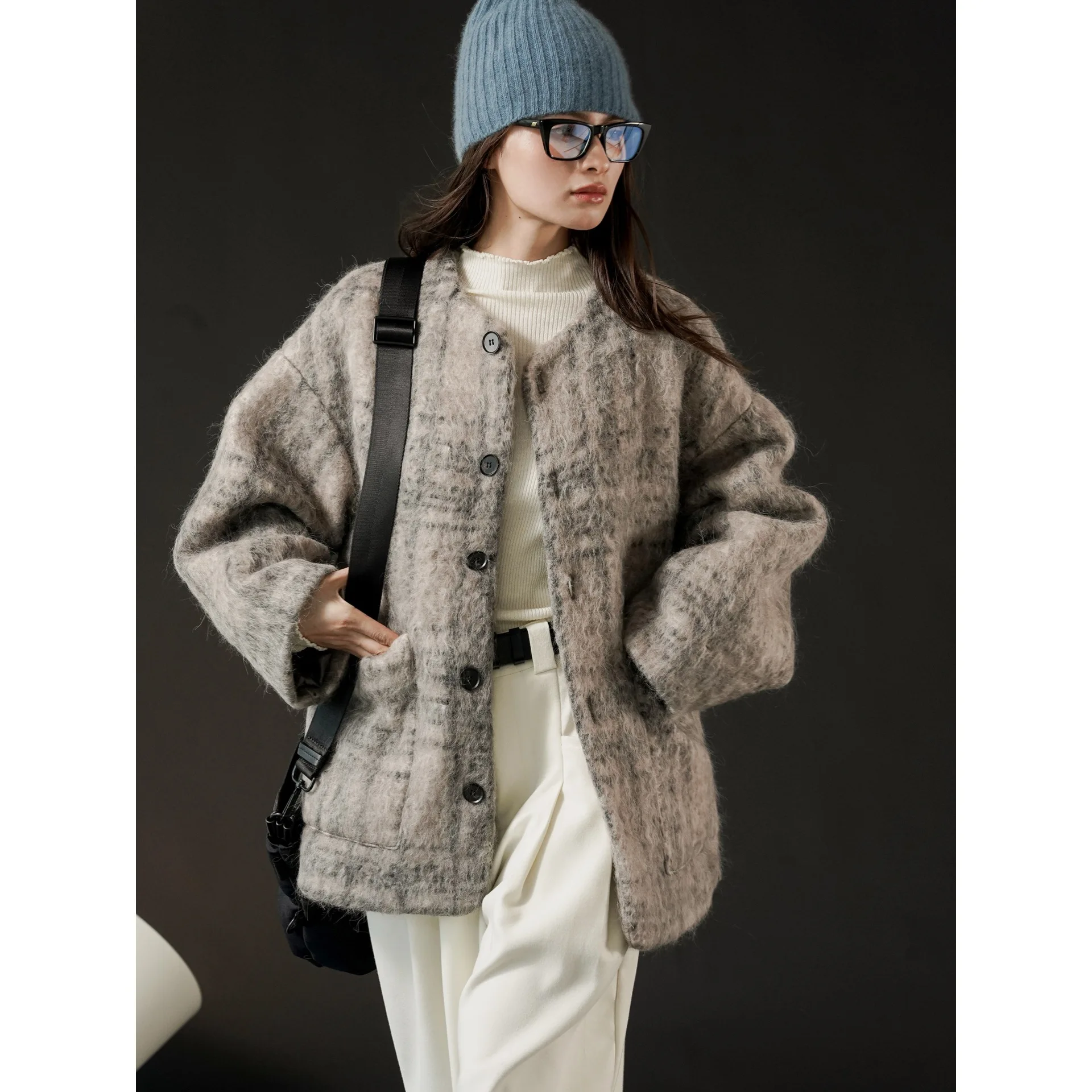 Autunno e inverno nuova versione coreana Lazy Long Wool Plaid Suit giacca ampia, comoda e snellente per le donne