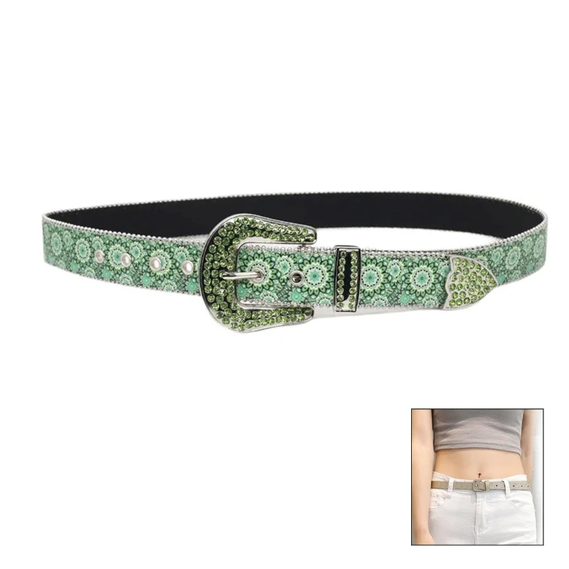 Green Rhinestones Belt Jeans Waistband Punk Studded Belt Modern Waistband for Street Player Club Party Wear