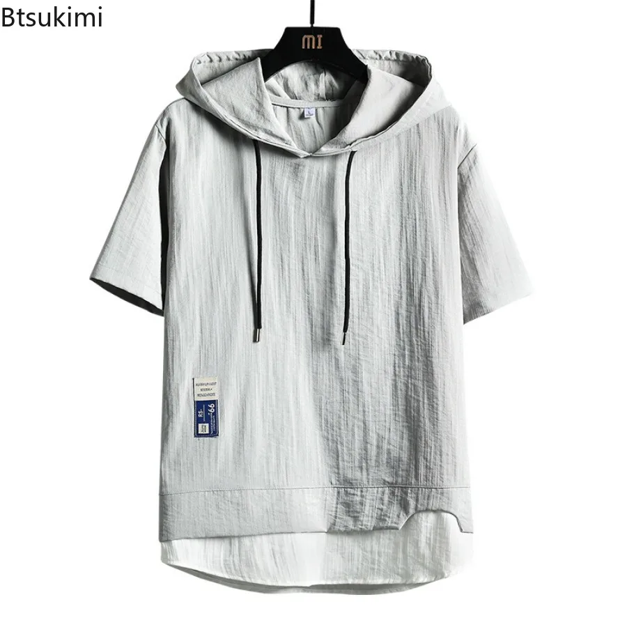 2024 Men's Short Sleeve Hoodies T-shirt Fashion Patchwork Summer Ice Silk Casual Loose Tops Japanese Style Sweatshirt Young Teen