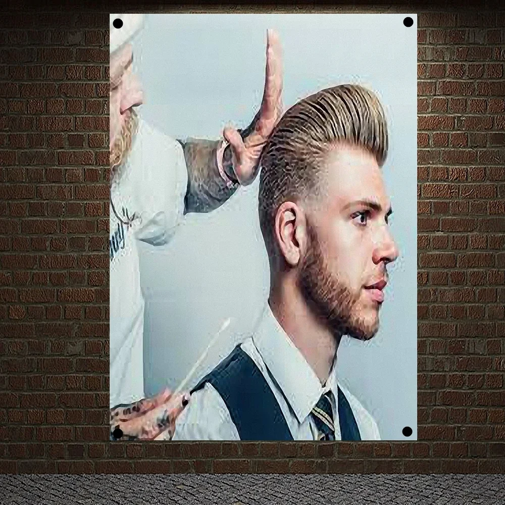 

Men's Classic Hairstyle Beard Cloth Poster Print Art High Quality Banner Flag Wallpaper Tapestry Barber Shop Home Decoration C3