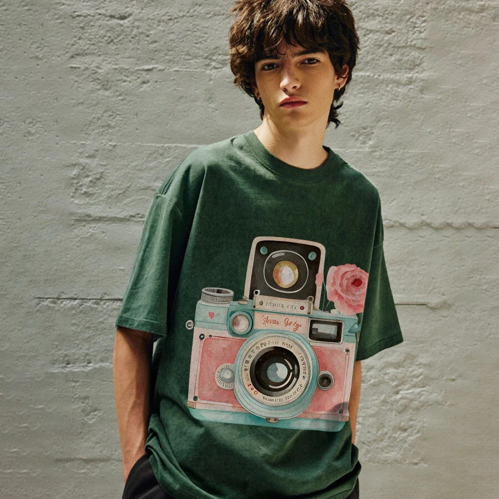 

Y2k Graphic Tee, Vintage Camera with Rose Print in Watercolor Style, Artistic & Charming, Soft Fabric for Nostalgic Casual Looks