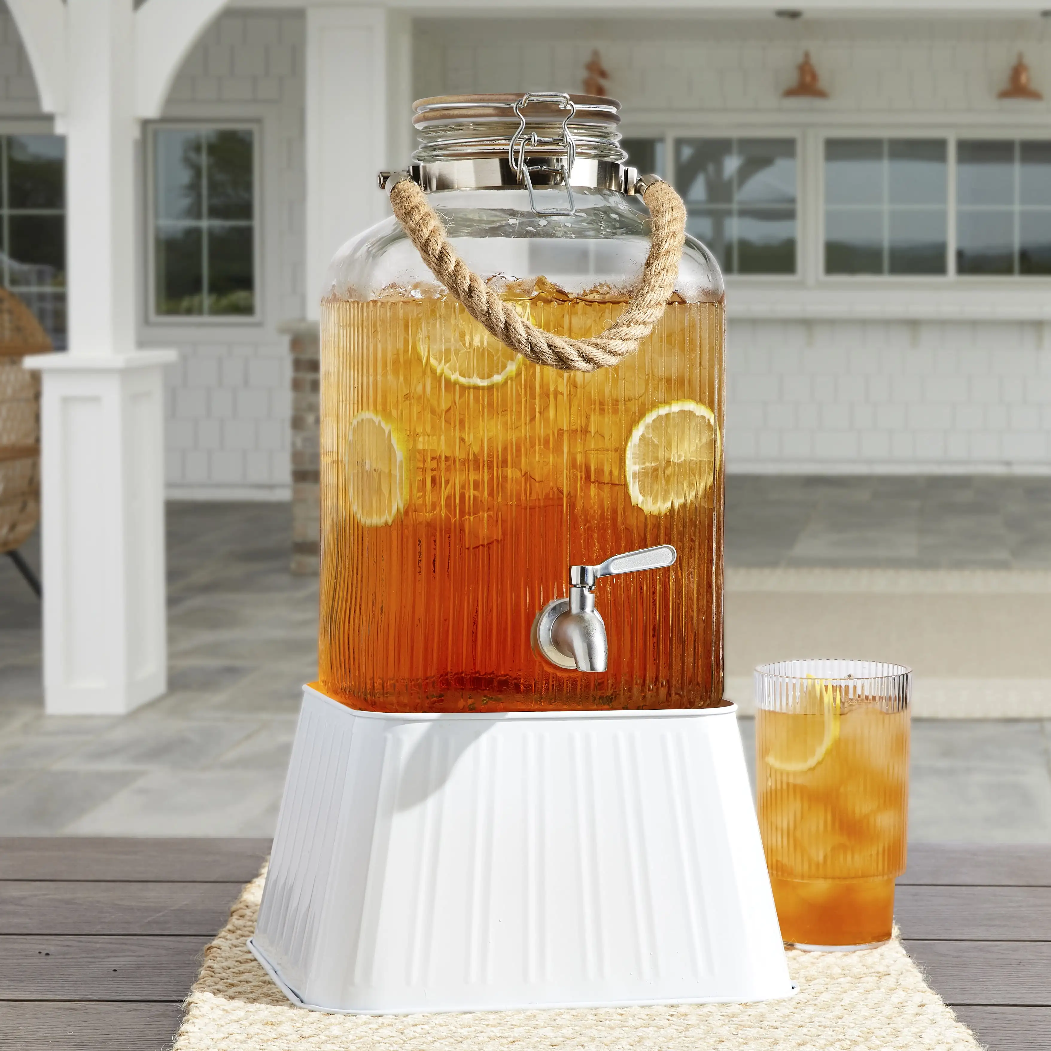 2 Gallon Ribbed Clear Glass Beverage Dispenser with Lid for Cold Drinks at Summer Parties