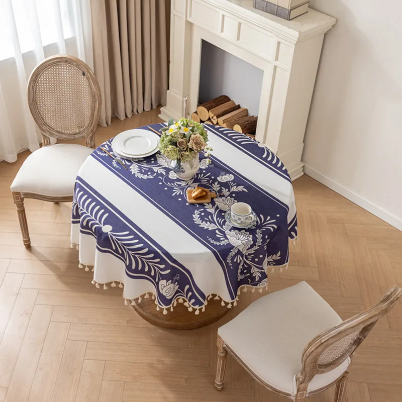 

Table Cloth Round Geometric Printed with Tassel Classic Table Cover Retro Diameter 150cm Circular Tablecloth for Coffee Table