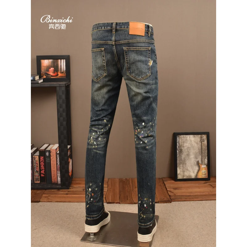 

Осенние винтажные рваные мужские джинсы, модные прямые брюки, высококачественный эластичный принт с брызгами краски, крутые брюки