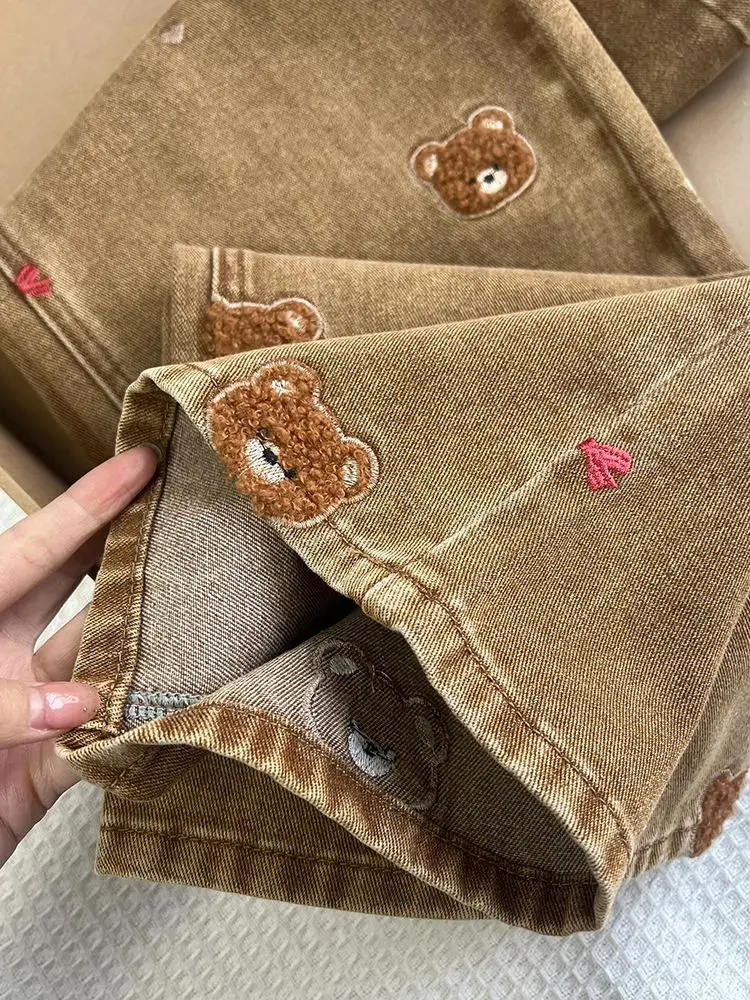 レースパッチワークハイウエストストレートレッグジーンズ春ヴィンテージベアボウ刺繍スウィートガールカジュアルワイドレッグパンツオーバーサイズパンツ