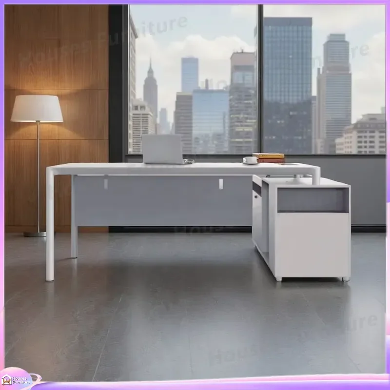 Modern White Executive Office Desk Durable Manager Table with Storage Lockers Home Office Furniture Computer Workstation