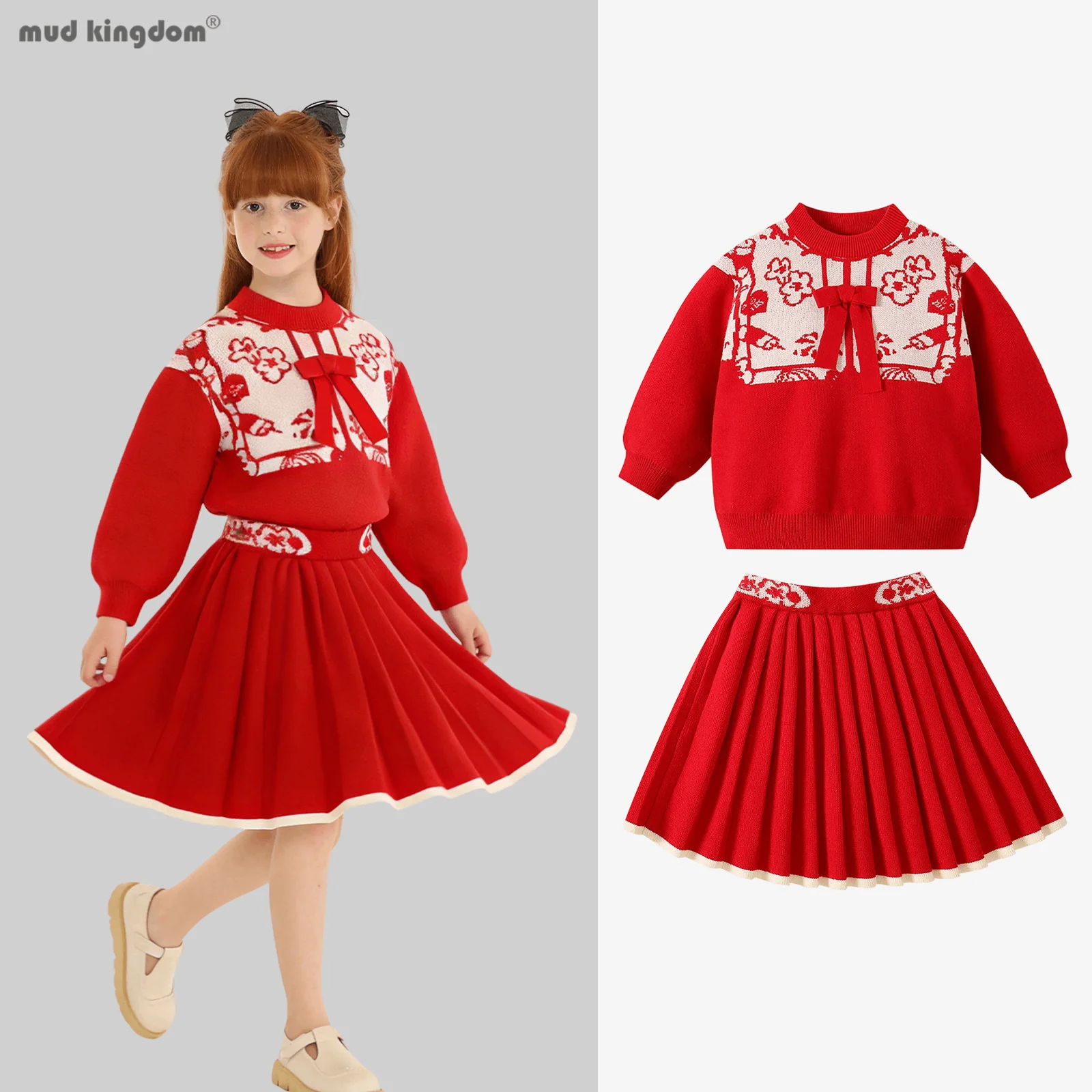 

Mudkingdom комплект из 2 предметов для девочек, красный новогодний вязаный свитер в китайском стиле, уютная, теплая, праздничная, милая, повседневная одежда для малышей для маленькой девочки