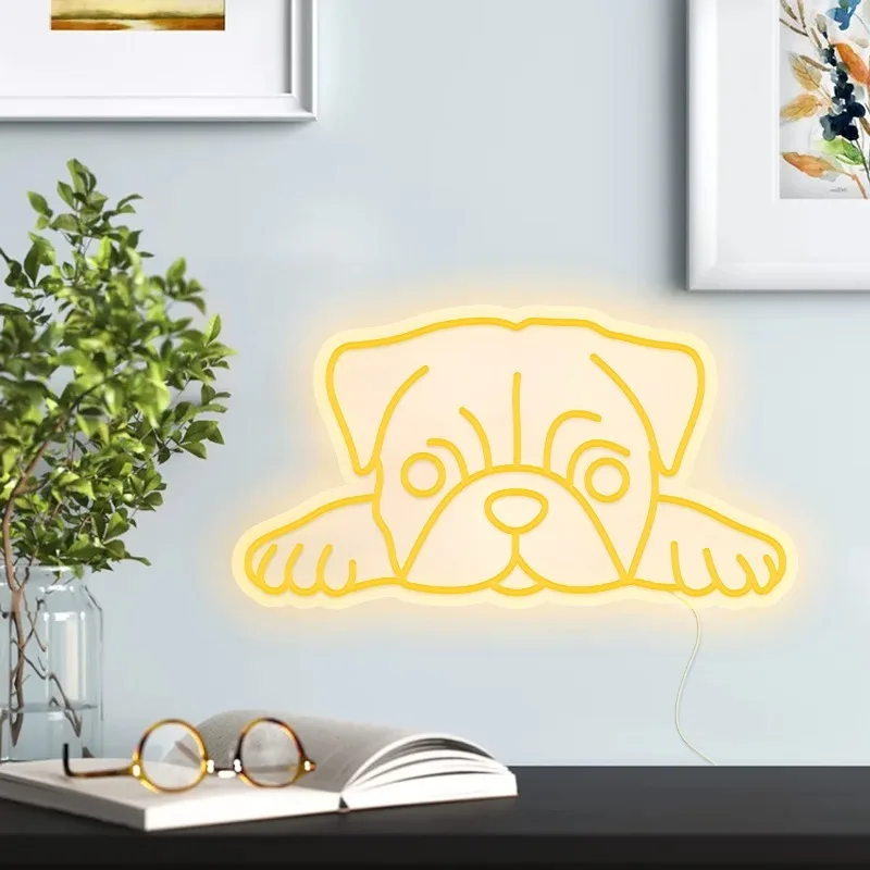 Pug Neon Signs Pug Gifts for Lovers Hug Dog Owners Stuff for Home Pet Shop Eye-Catching Room Decor 16.14 x 8.66 inches (Gold)