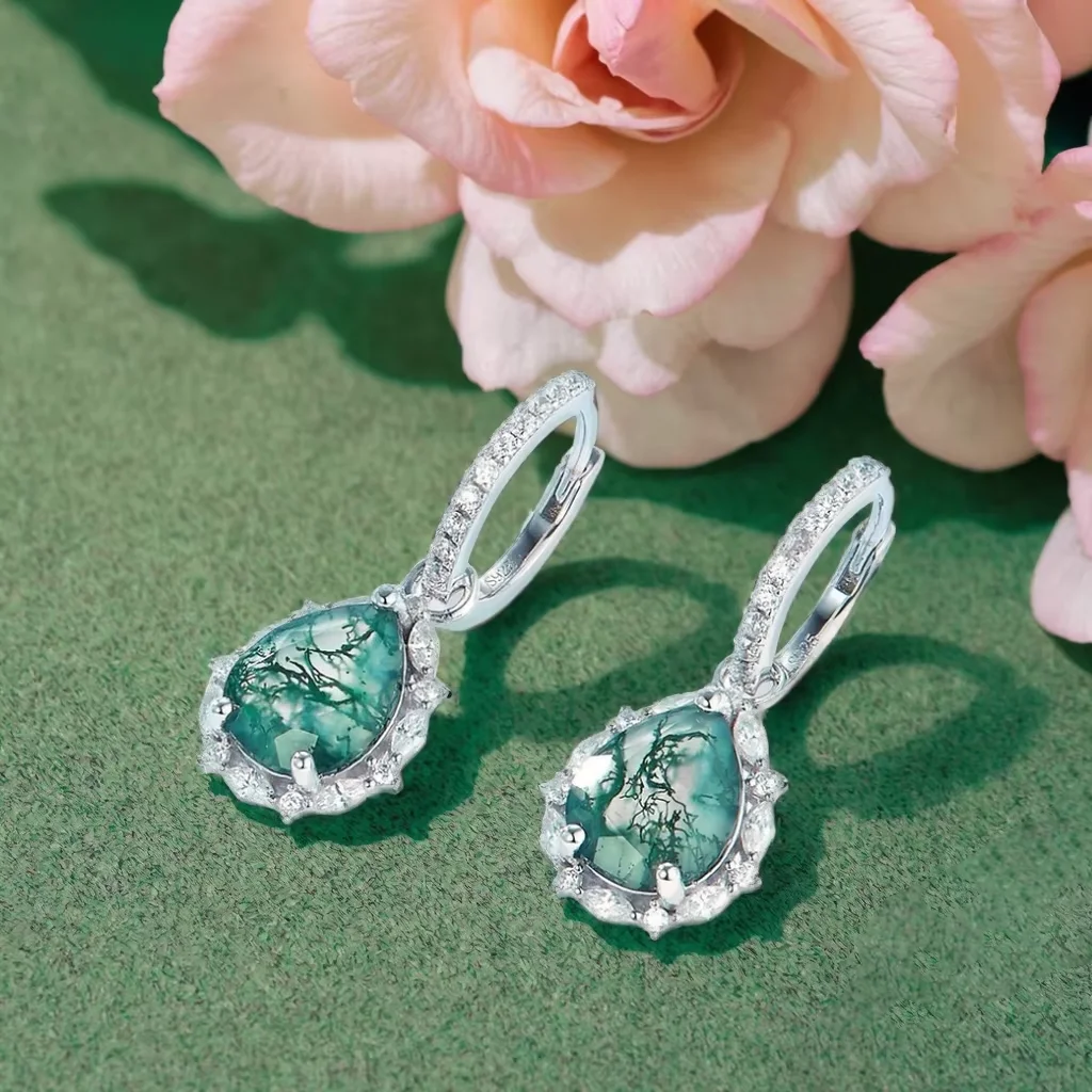 

Серьги-кольца с грушевидной огранкой из мохового агата, женские серьги-кольца с грушей, серьги с ореолом для помолвки, свадьбы, вечеринки