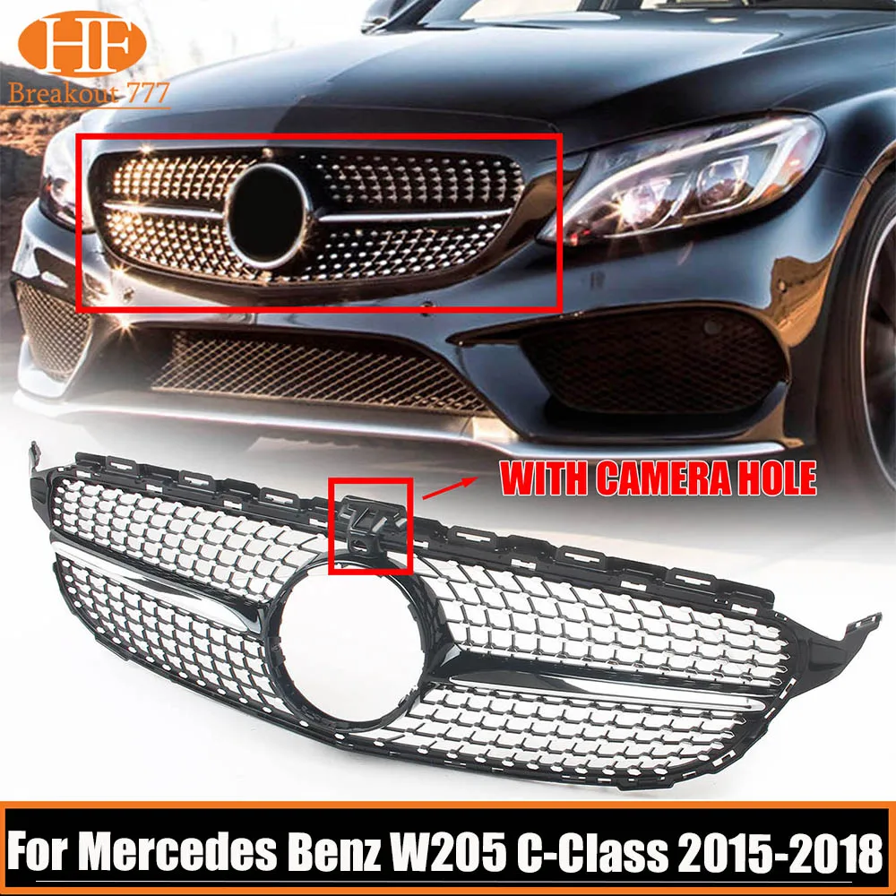 Car Front Bumper Grille Diamond Style For Mercedes Benz W205 C-Class 2015-2018 Pre-facelift Quality ABS Plastic