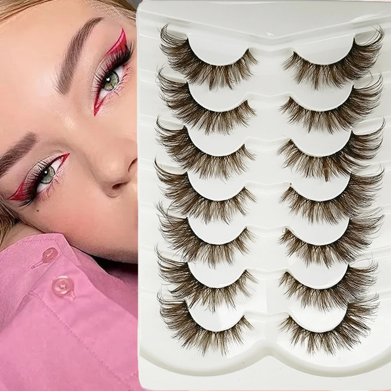 7 pares de ojos de mango artificiales esponjosos 8D de color marrón tallo transparente prolongan naturalmente los pestañas postizas