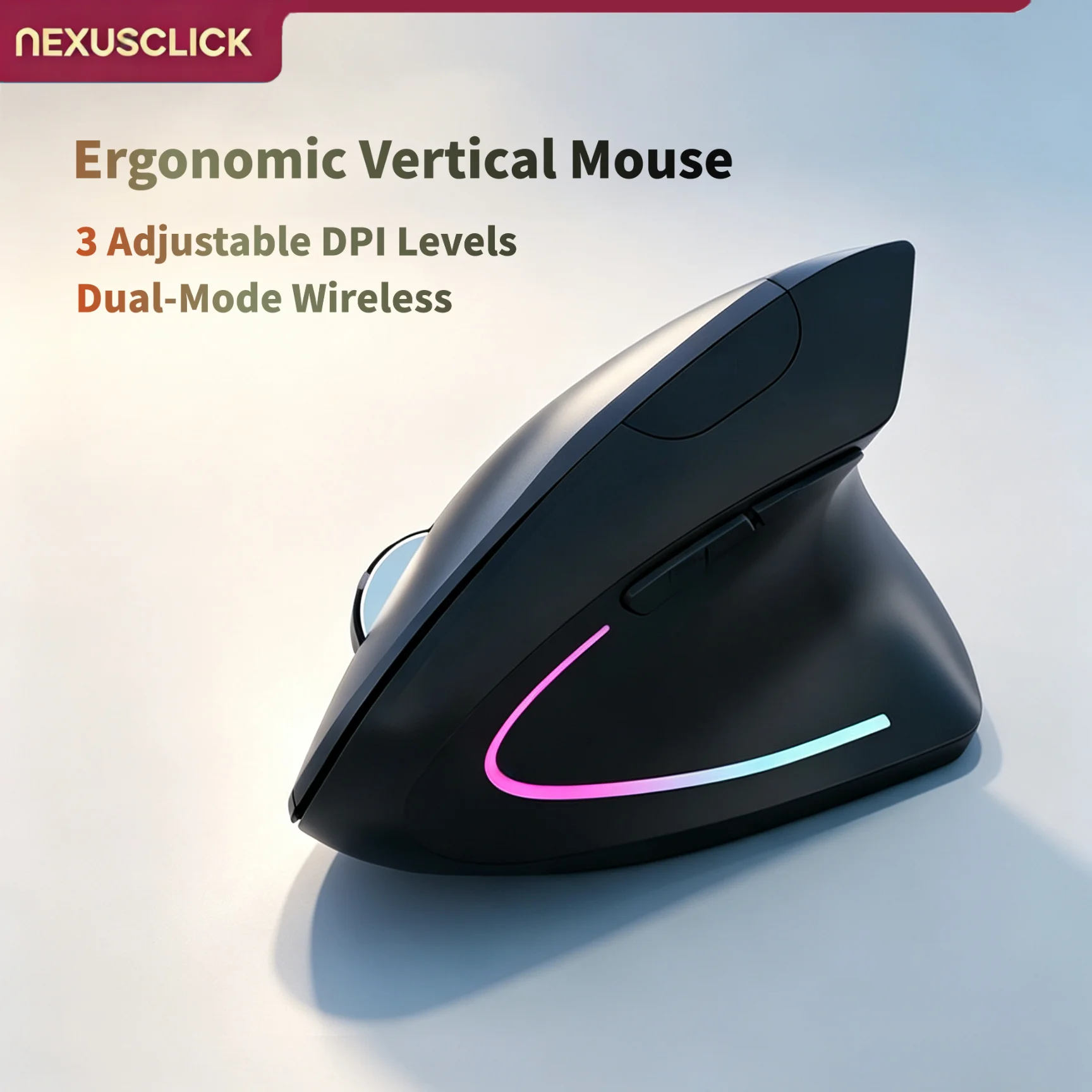 NexusClick Vertical Ergonomic Wireless Mouse,Bluetooth 2.4G Dual Mode Rechargeable/AA Battery,Mute Buttons RGB Light Office Mice