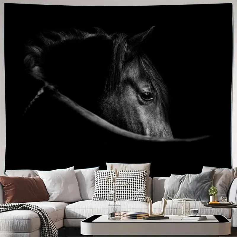 Elegant Horse Head Tapestry Wall Hanging Modern Black and White Equestrian Animal Art Mural Decorative Home Decor Gift for Livin