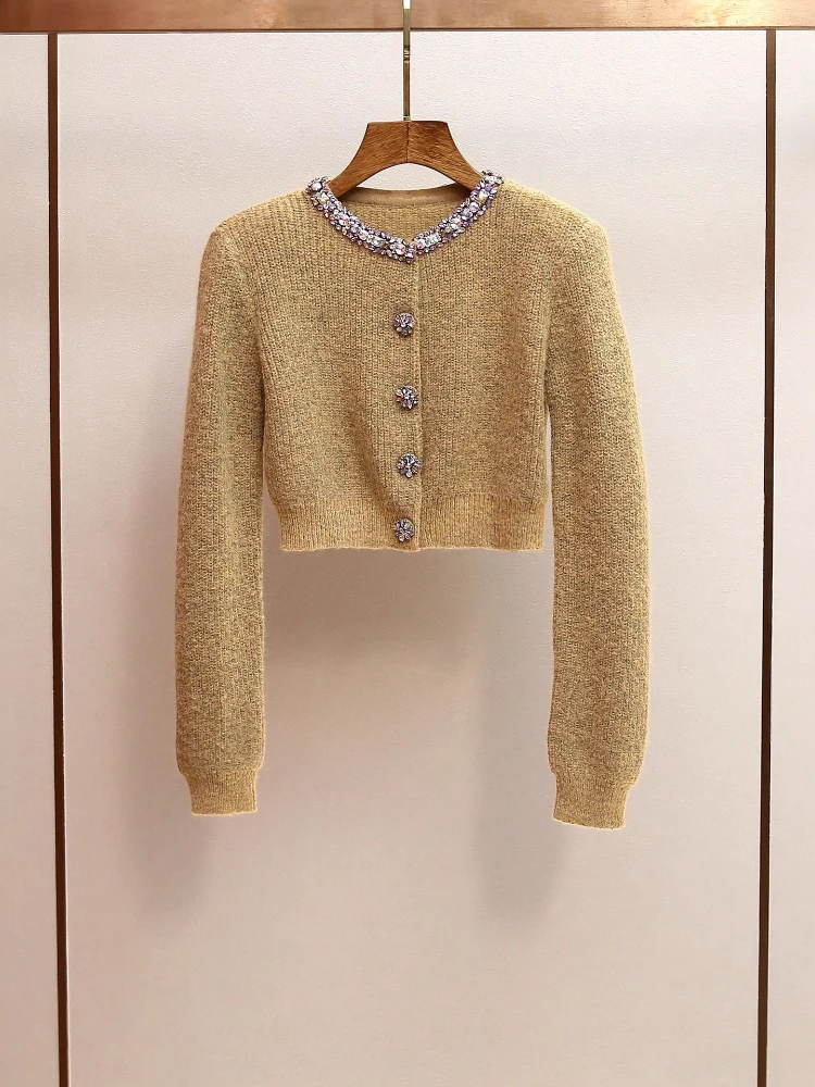 Autumn French Style Small Fragrance and Western Style Plush Diamond Studded Round Neck Short Sleeved Cardigan Knitted Top