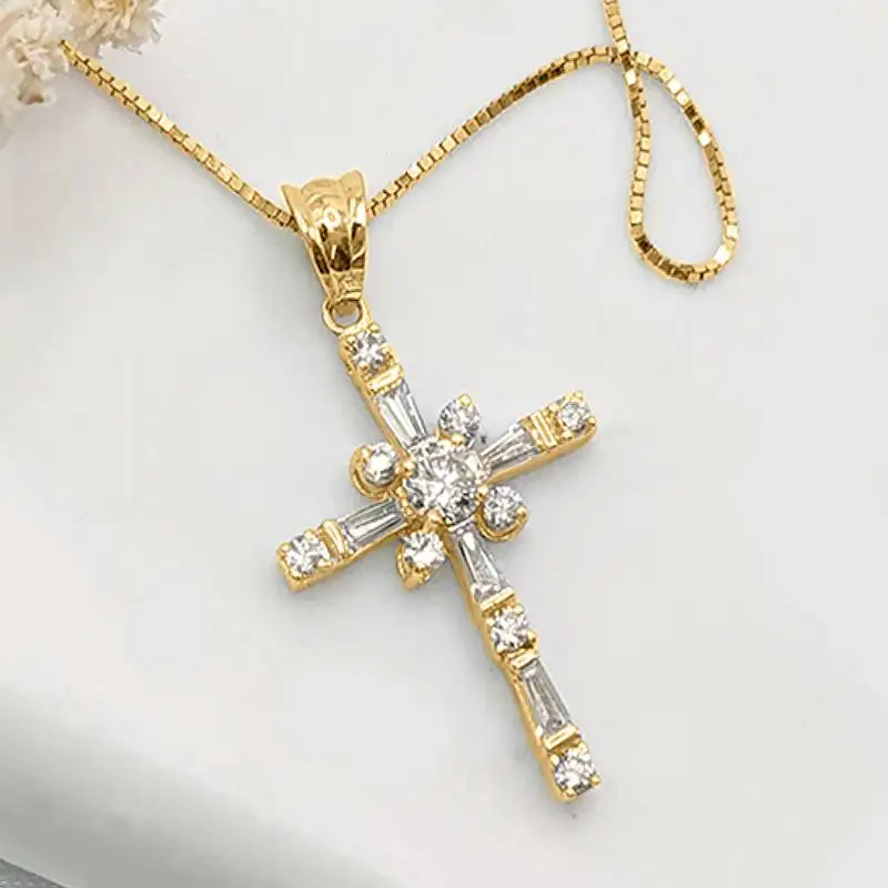 Huitan Fashion Cross Design Women Pendant Necklace Gold Color Inlaid Bright CZ for Party Daily Versatile Accessories Jewelry