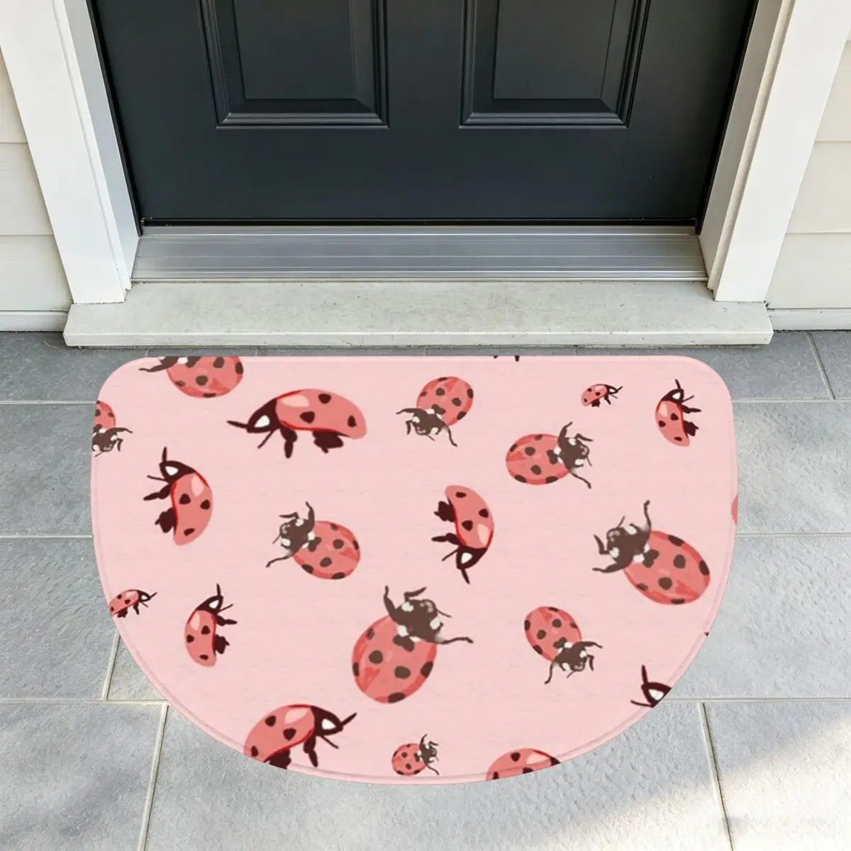 Cute Ladybug Pattern Whimsical Insect Flannel Half Round Doormat Non Slip Bathroom Mat Absorbent Floor Carpet for Living Room