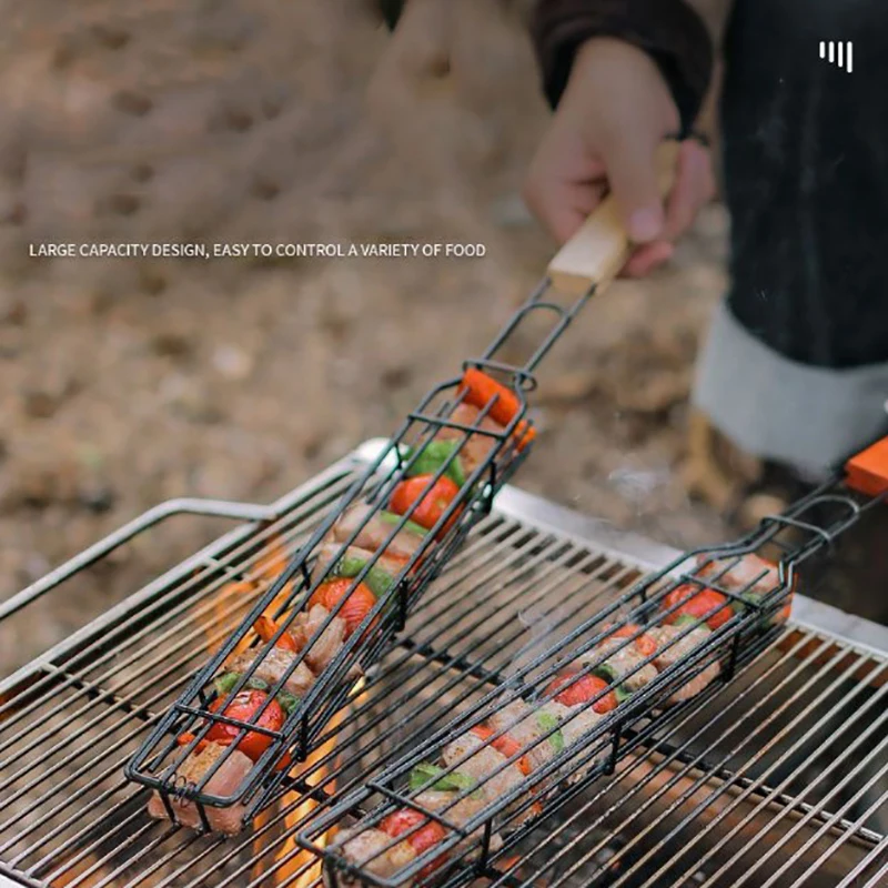 Outdoor Wooden Handle Barbecue Cage Picnic Barbecue Tools Camping Meat Vegetable Barbecue Net Rack