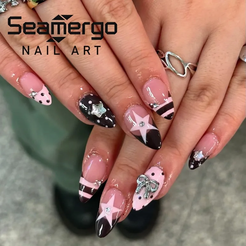 

24PCS Fake Nails Sweet Cool Black Polka Dots French Spice Girl Y2k Nails Ins Pink Star Bow with Rhinestone Almond Press on Nails
