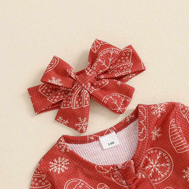 Toddler Girls Holiday  with Reindeer and Santa Claus Print Long Sleeve Romper with Matching Bow Headband