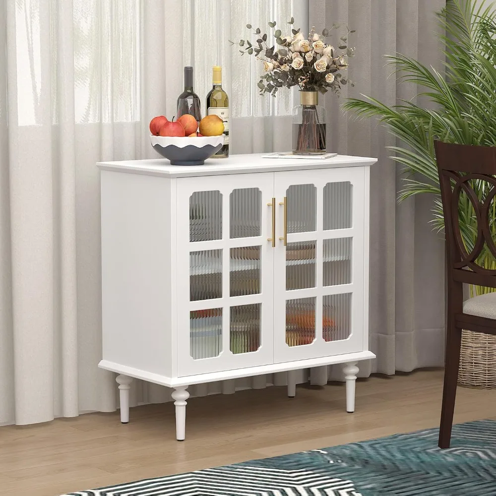 

Cabinet with 2 Lattice Glass Door, Wooden Accent Cabinet with Adjustable Shelves, Credenza for Living Room,Dining Room, White