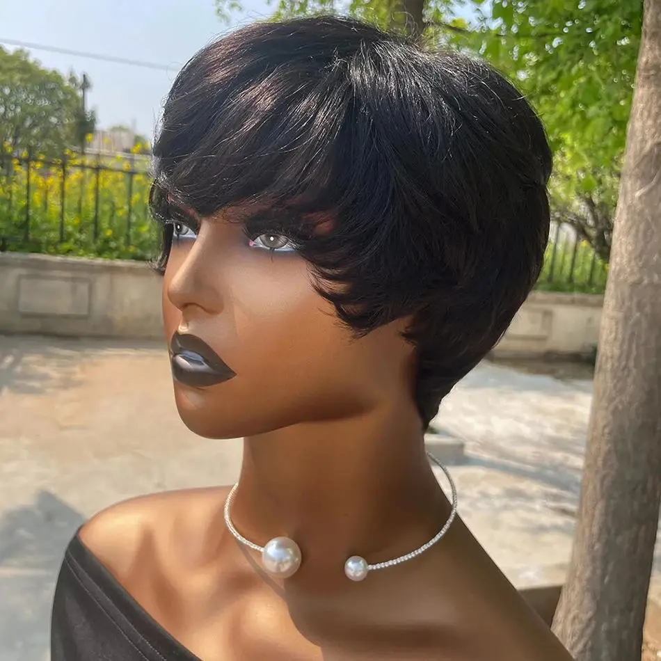 Blond 613 Kurze Pixie-Cut Echthaarperücke mit Pony für schwarze Frauen 1B # Brasilianische glatte Remy-Haarperücke, Bob-Schnitt, vollständig maschinell gefertigt – Detail 15