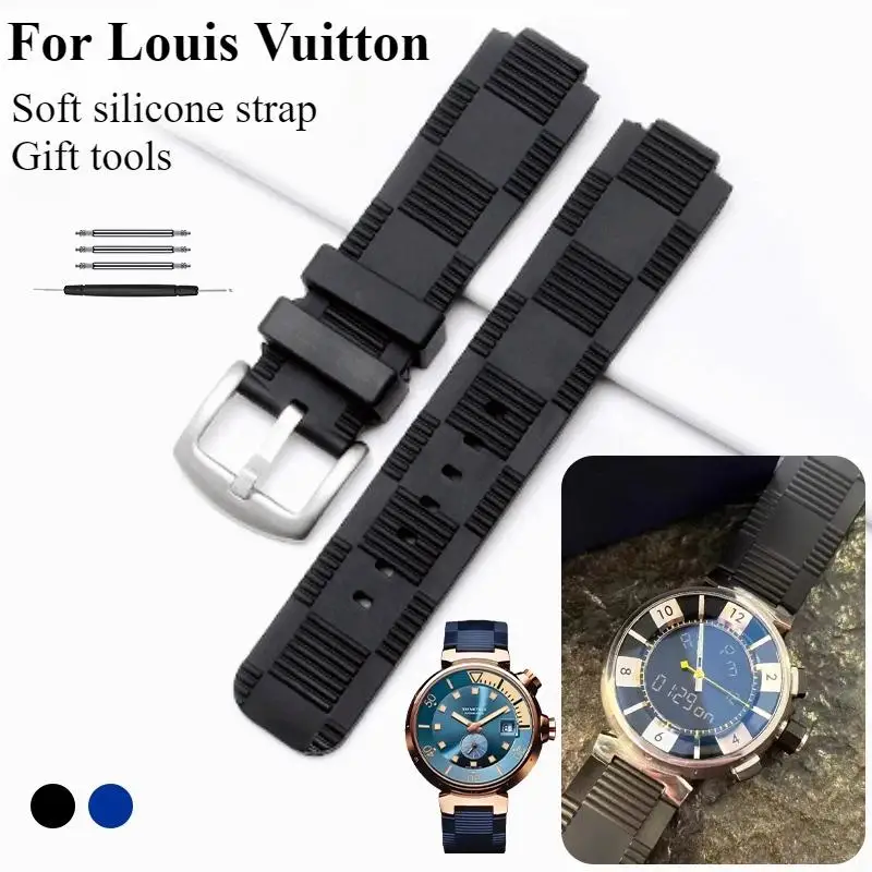 Correa de reloj de silicona de 21*12 mm con borde elevado para el reloj original LV TAMBOUR en negro. Q113K0 QAAA25 Correa de reloj de caucho Louis Vuitton Hombre