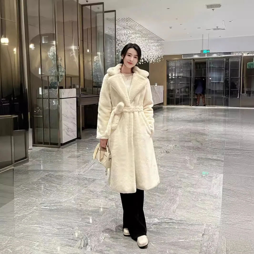 Winter Belted Women Artificial Fur Overcoat Long Lapel Collar Pockets Female Mink Fur Coat Cinched Waist Slim Lady Eco Fur Coat