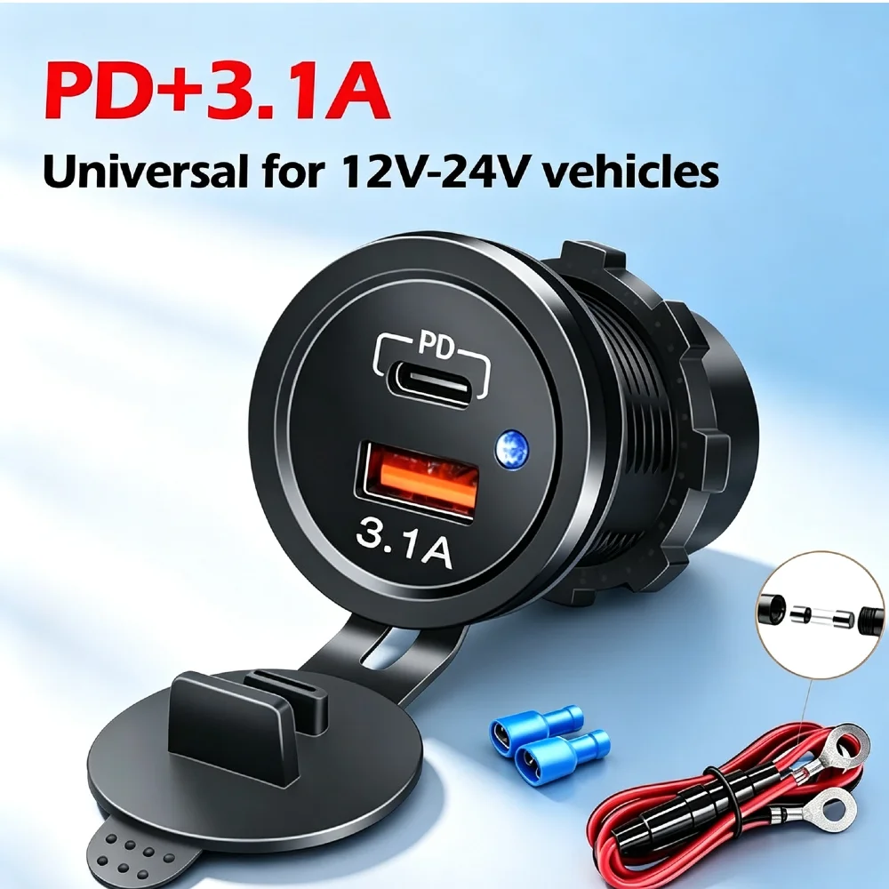 Waterproof Dual Port PD 3.1A Car Charger Socket 12V-24V Wide Voltage Fast Charge Outlet Blue LED Power Adapter for Car Truck ATV