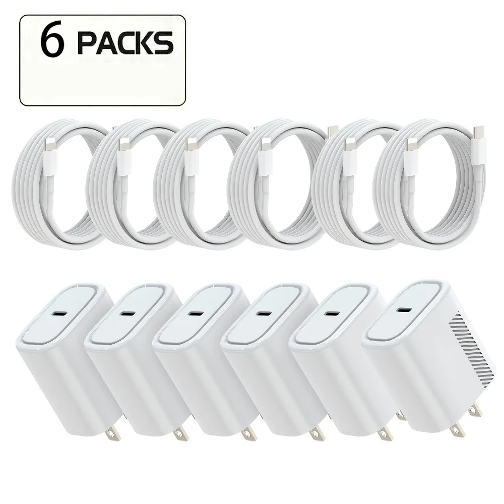 

6 штук 20W PD USB-C зарядных устройств для розетки | Кабель для быстрой зарядки, совместимый с iPhone 14/13/12/11/Pro/Pro Max/Xs/Xr/X