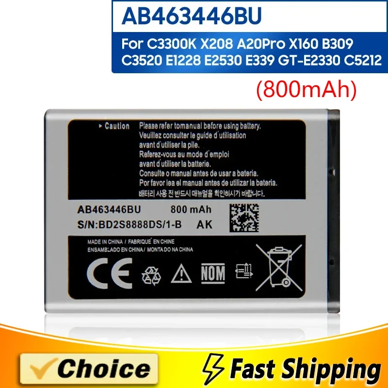 AB463446BU,Replacement Phone Batatery,For Samsung C3300K X208 X520 F258 B189 B309 F299 E329 C3520 E1200M E339 E2330, 800mAh