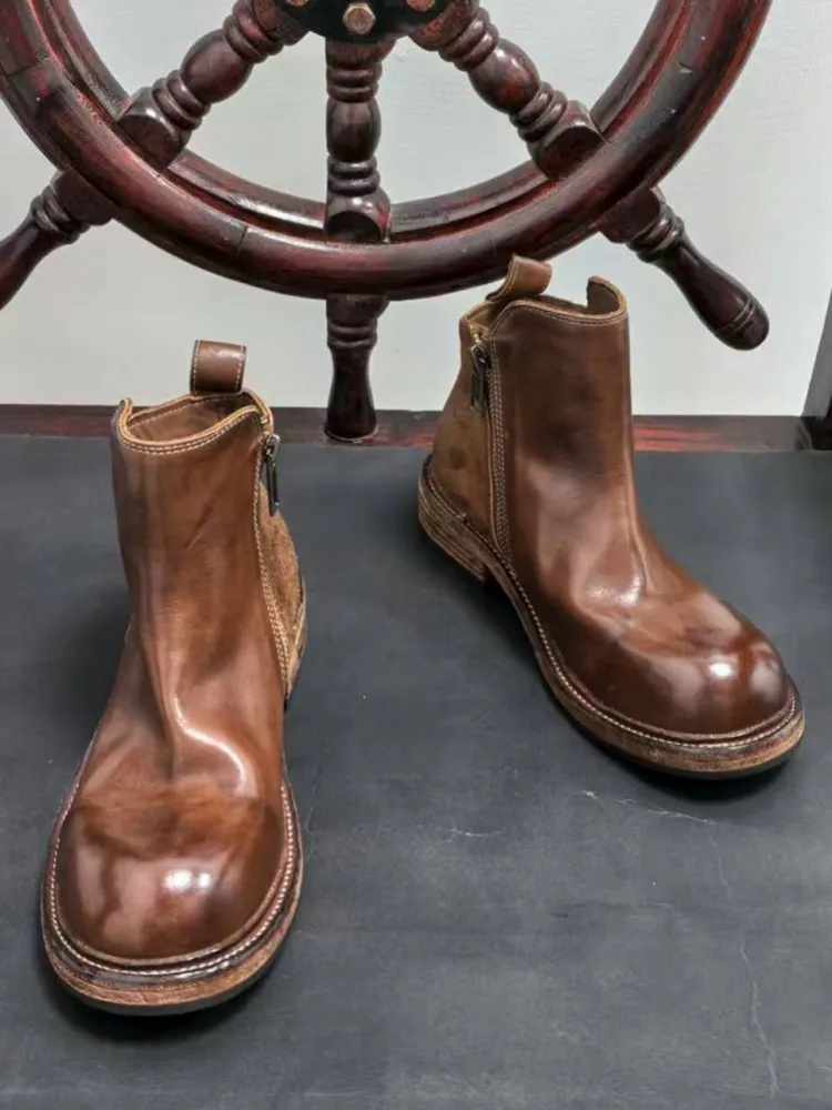 Retro Female Genuine Leather Round Toe Chunky Heel Ankle Boots Handmade Solid Color Horsehide Zipper Hard Wearing Footwear