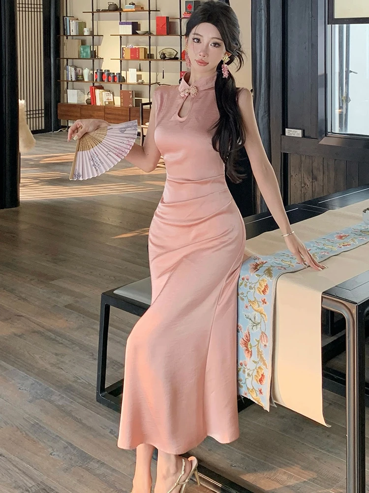 2025 ピンクアセテートサテンシックなノースリーブマキシドレス女性エレガントな高級フェスティバルイブニングドレス夏の韓国ボディコンウエディングドレス
