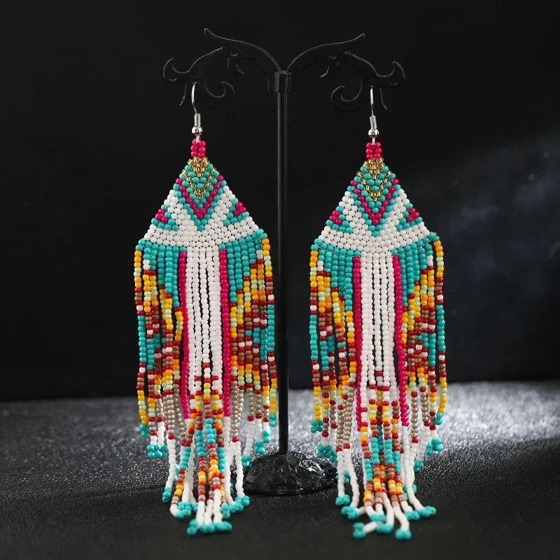 Fringe Earrings  Hand knitting  Beading  Bohemia  Meter character  Retro  alloy  personality  ma'am  Rice Bead Earrings