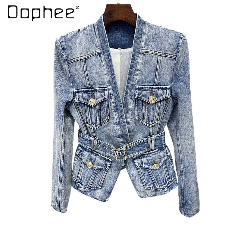 2025 Herfst Nieuwe Mode Persoonlijkheid Trendy Vintage Verontruste Denim Jassen voor Vrouwen Riem Slanke Lange Mouwen Diepe V-hals Jassen