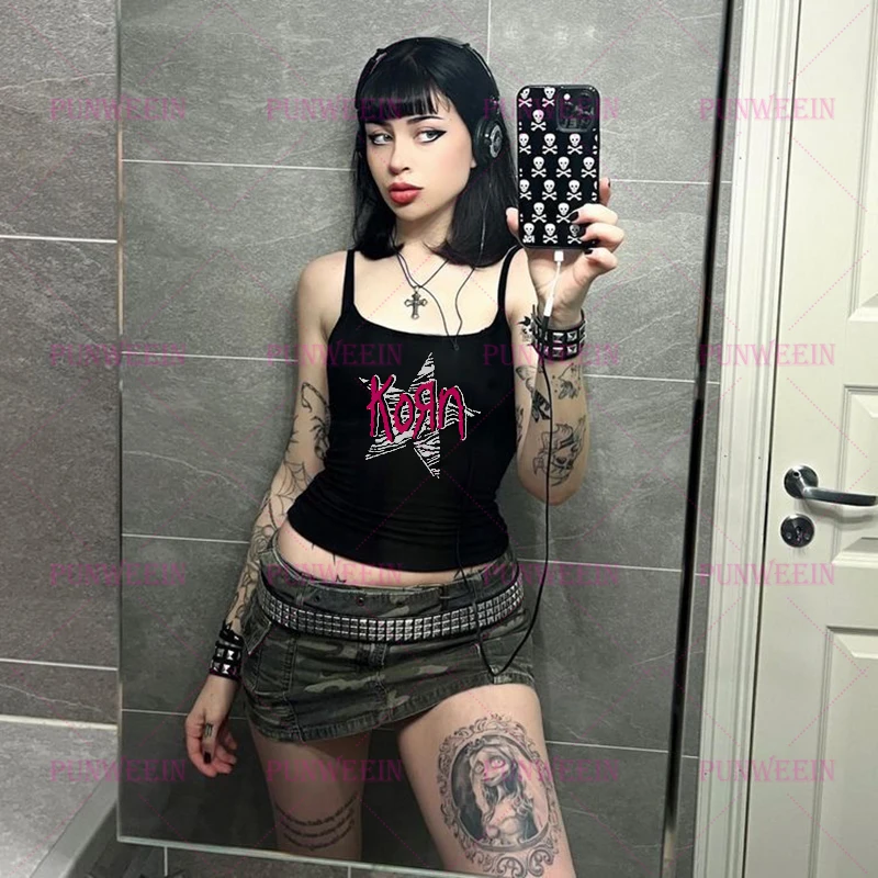 KORN Vintage Gothic Harajuku Punk star Graphic Y2k Aesthetics Sleeveless Tank Top Grunge Sweetgirl kawaii Baby Emo girl Crop Top