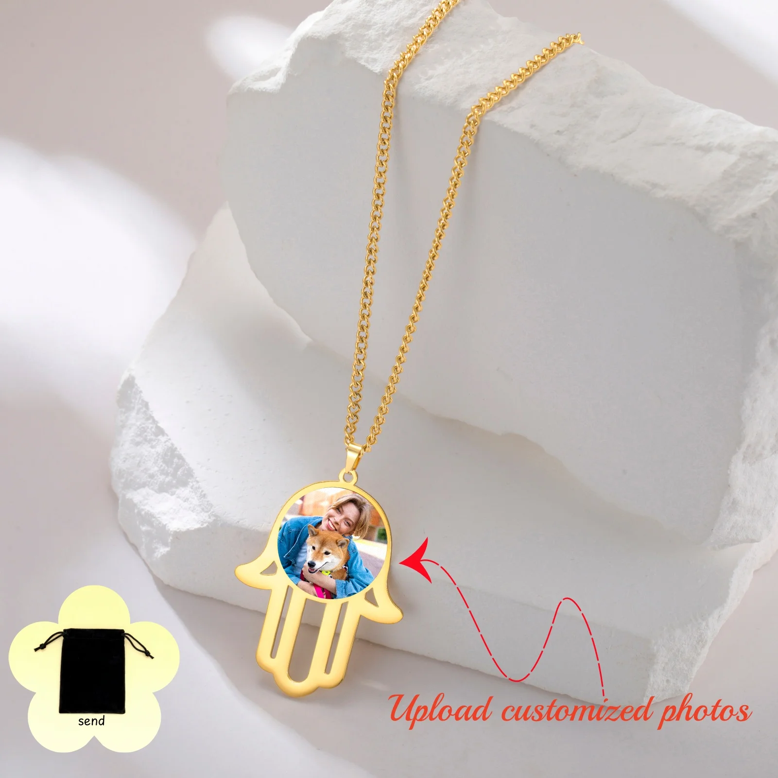Collar con foto personalizada de la Mano de Fátima, collar de acero inoxidable con imagen personalizada, regalo de joyería familiar para hombres y mujeres