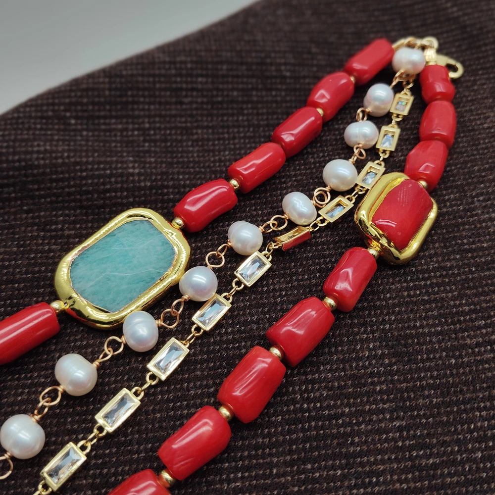 YYGEM 7-8 مللي متر المياه العذبة الأبيض البطاطس اللؤلؤ 15x19 مللي متر المرجان الأحمر امازونيتي الخرز ستراند سوار امرأة بيان أساور