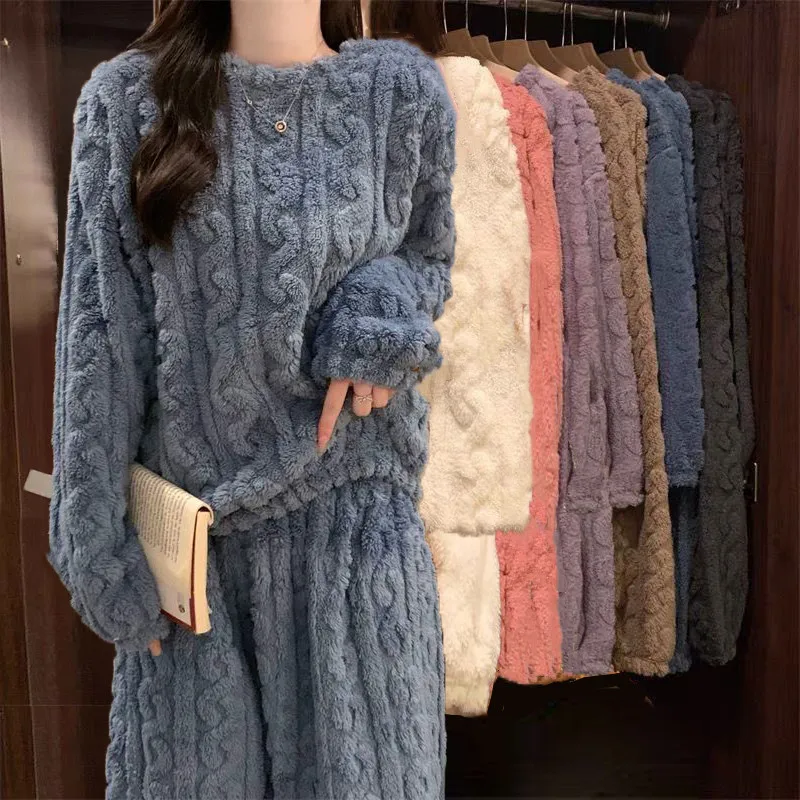 Women Winter Fleece Pajama Set Twist Textured Fluffy Coral Velvet Long Sleeve Tops Pants Warm Loungewear 2PCS Sleepwear