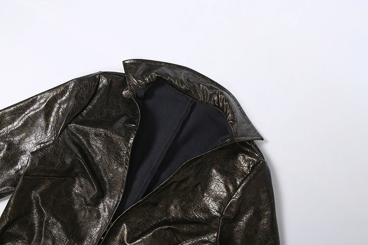 Weird Push Hottie Leder 2-teiliges Set Damenmode Einreihige Jacke mit tiefem Ausschnitt und langen Ärmeln + Mini-Pfirsich-Hüftrock Streetwear – Detail 7